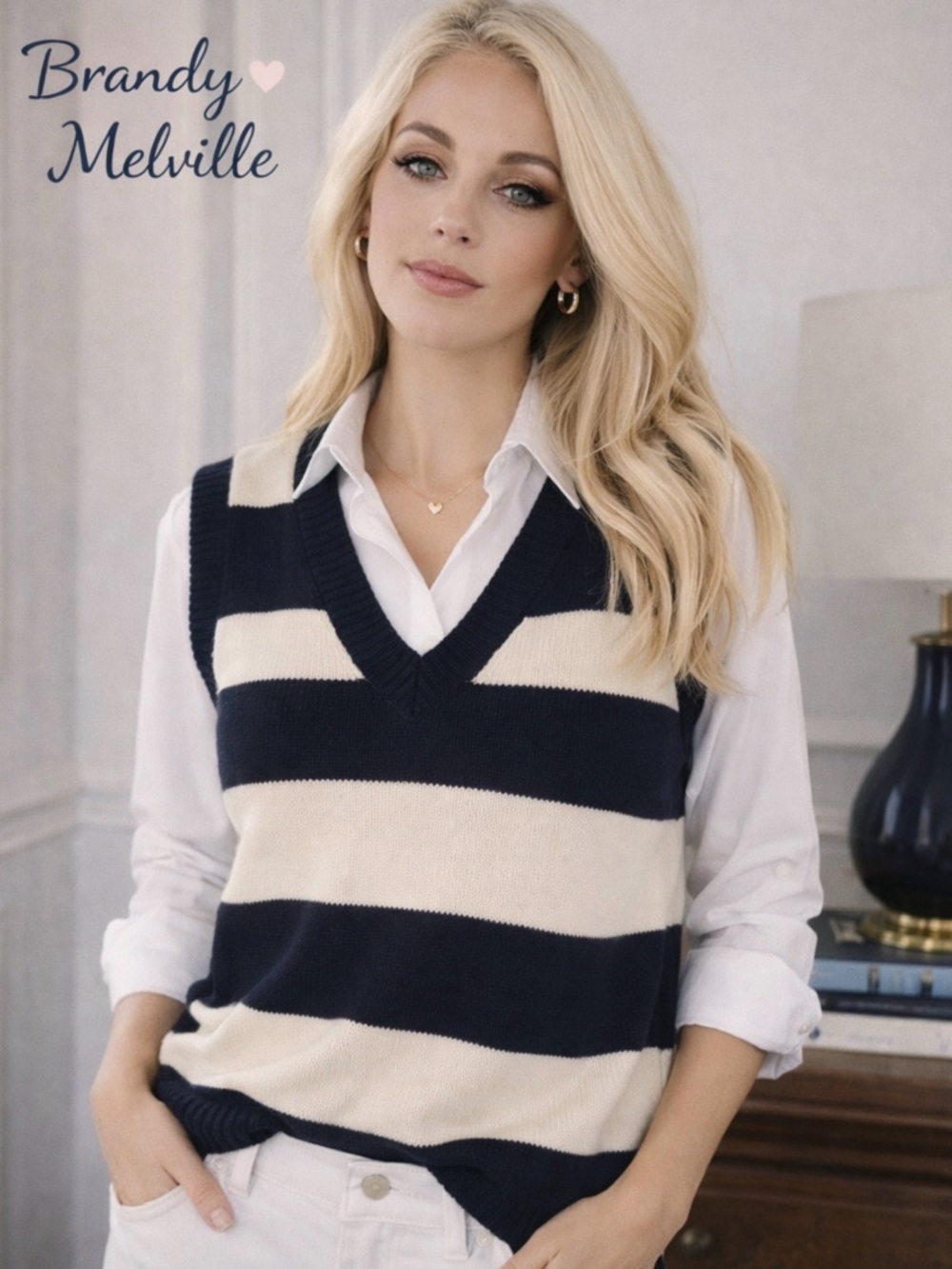 Brandy Melville Navy & Cream Striped V-Neck Sweater Vest